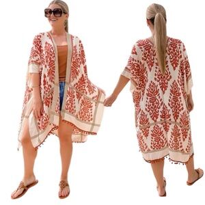 NWT Janice Apparel Red Rust Cream Boho Hippie Patterned Summer Cover up Kimono
